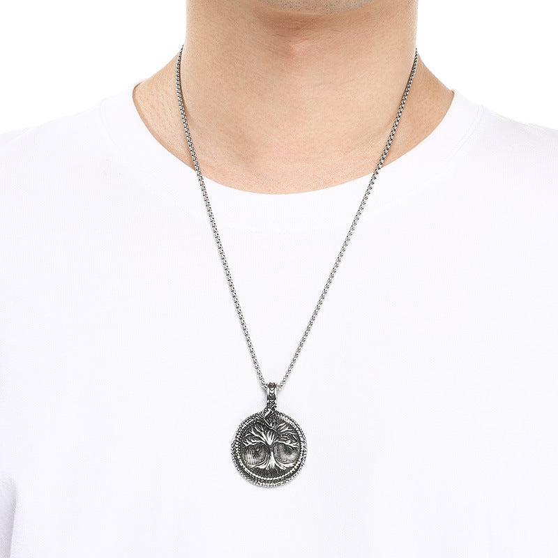 Nordic Viking Mythology Ouroboros Tree Of Life Pendant, Retro Round Stainless Steel Men's Necklace