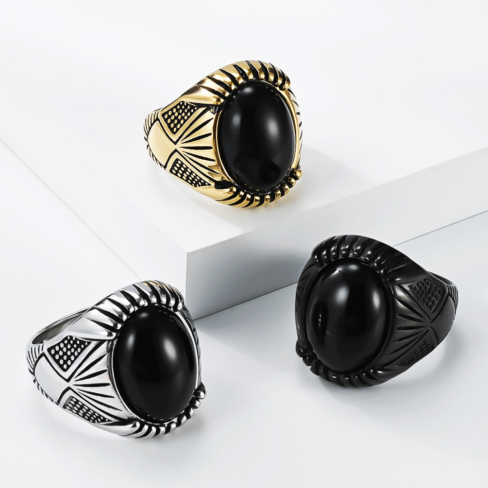 Planderful Everyday Genie Retro Oval Black Stone Ring For Men And Unisex Durable Titanium Steel