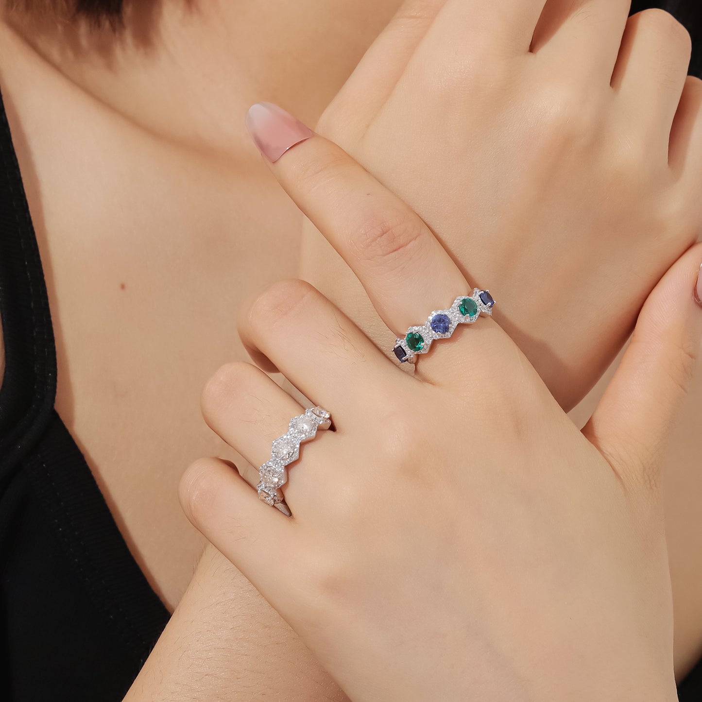 Rhombus Ring Moissanite S925 Sterling Silver Lab Grown Emerald Sapphire Personality