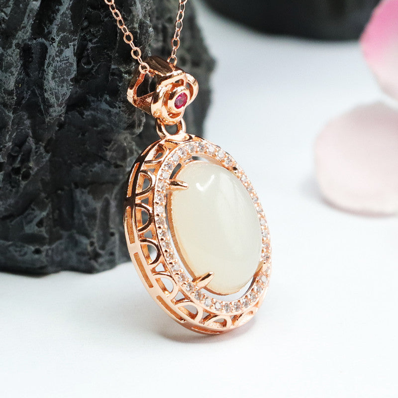 Halo Rose Zircon White Jade Oval Necklace crafted with Hetian Jade