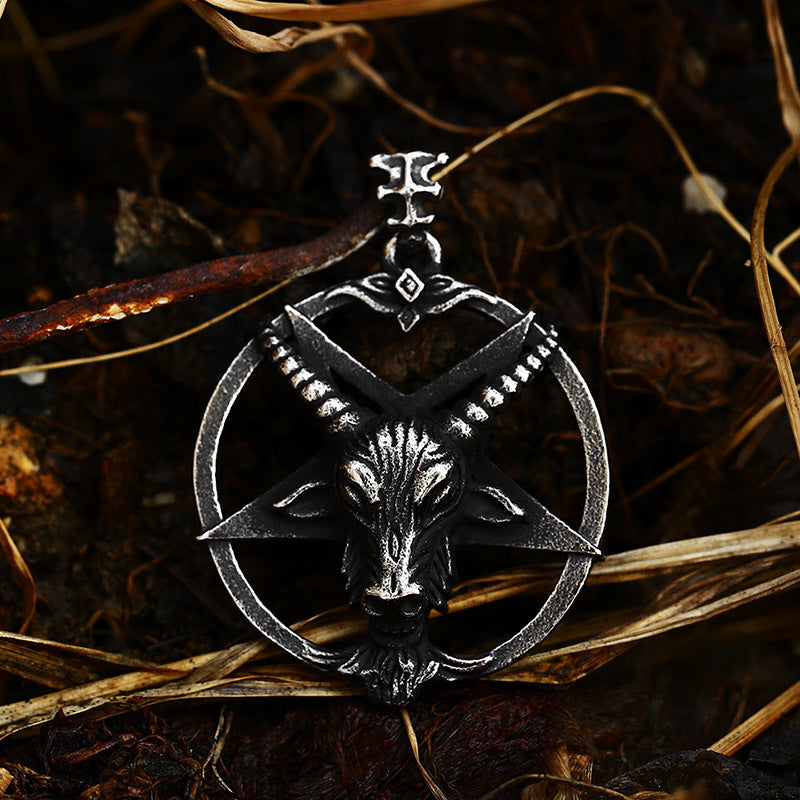 Retro Punk Titanium Steel Pendant with Satanic Pentagram and Sheep Head Design for Men
