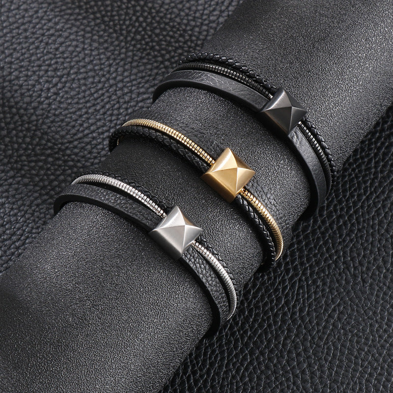 Planderful Titanium Steel Woven Cowhide Bracelet For Men
