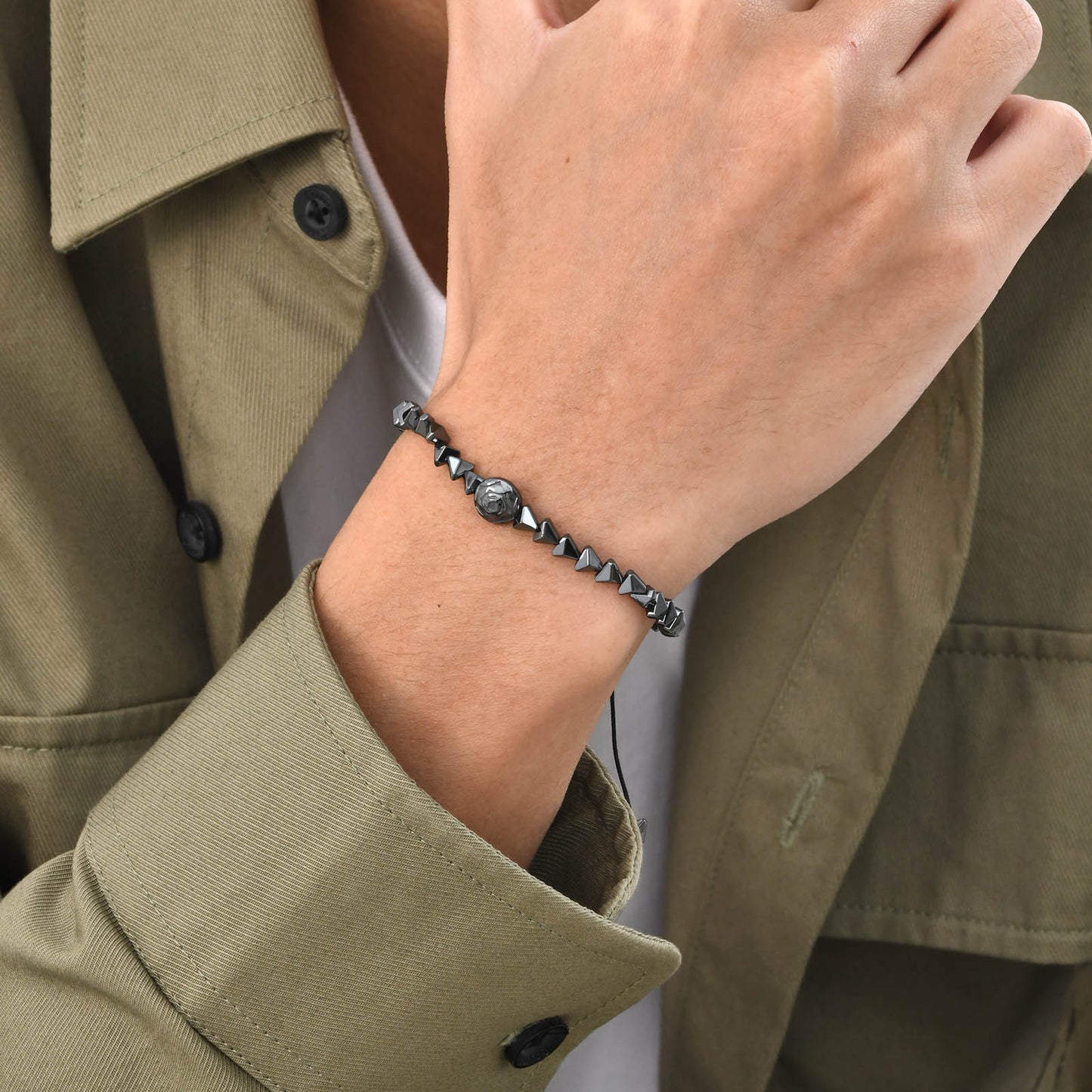 Men's Black Gallstone Rose Cut Face Beaded Bracelet