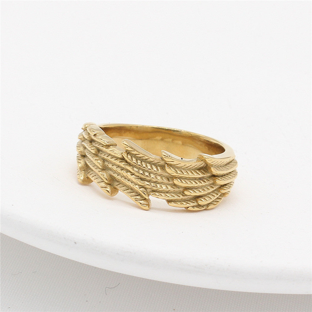 Retro European and American Titanium Steel Wings Feather Men's Ring
