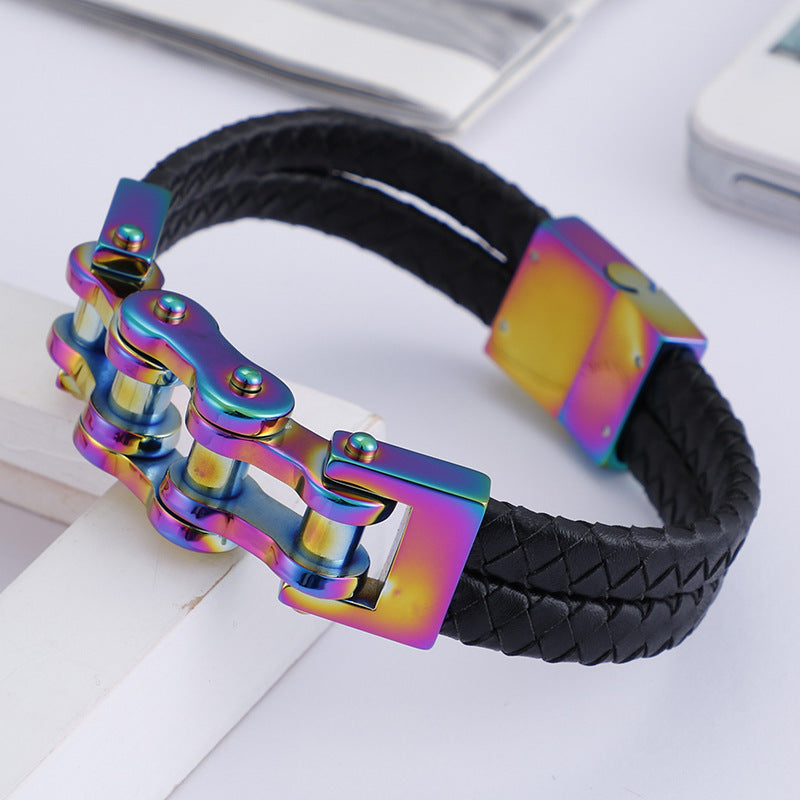 Planderful Men Punk Chain Leather Bracelet Stainless Steel