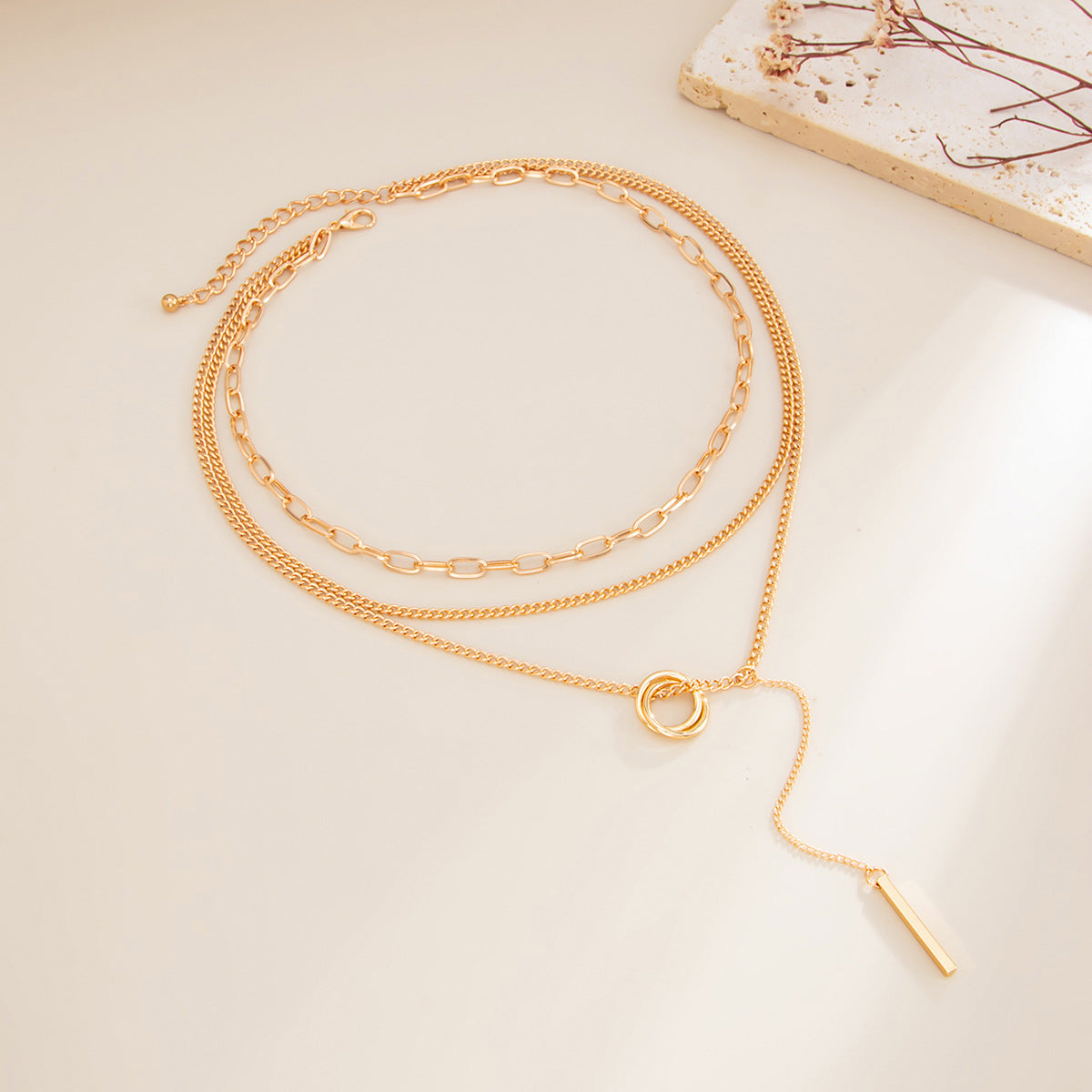 Bar & Double-Ring Layered Fringe Necklace
