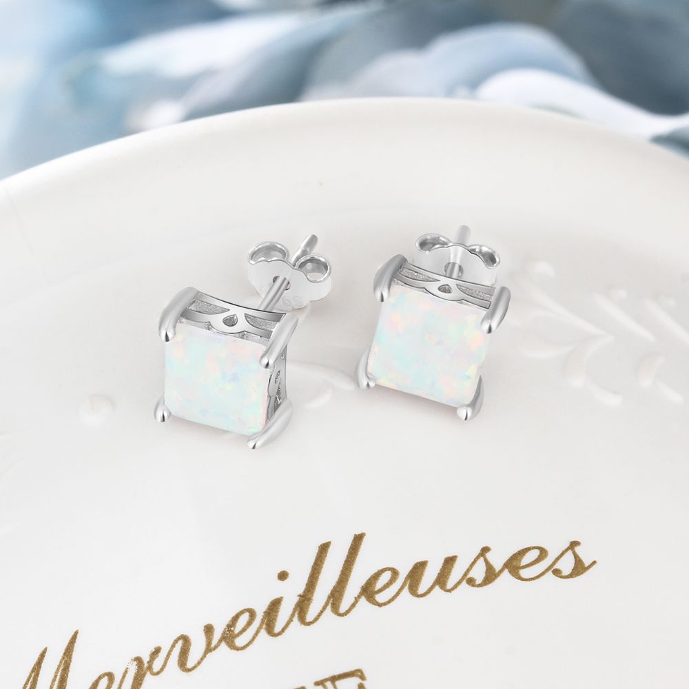 Planderful Jewelry Opal Stud Earrings Sterling Silver Four Claw Setting Everyday Elegance