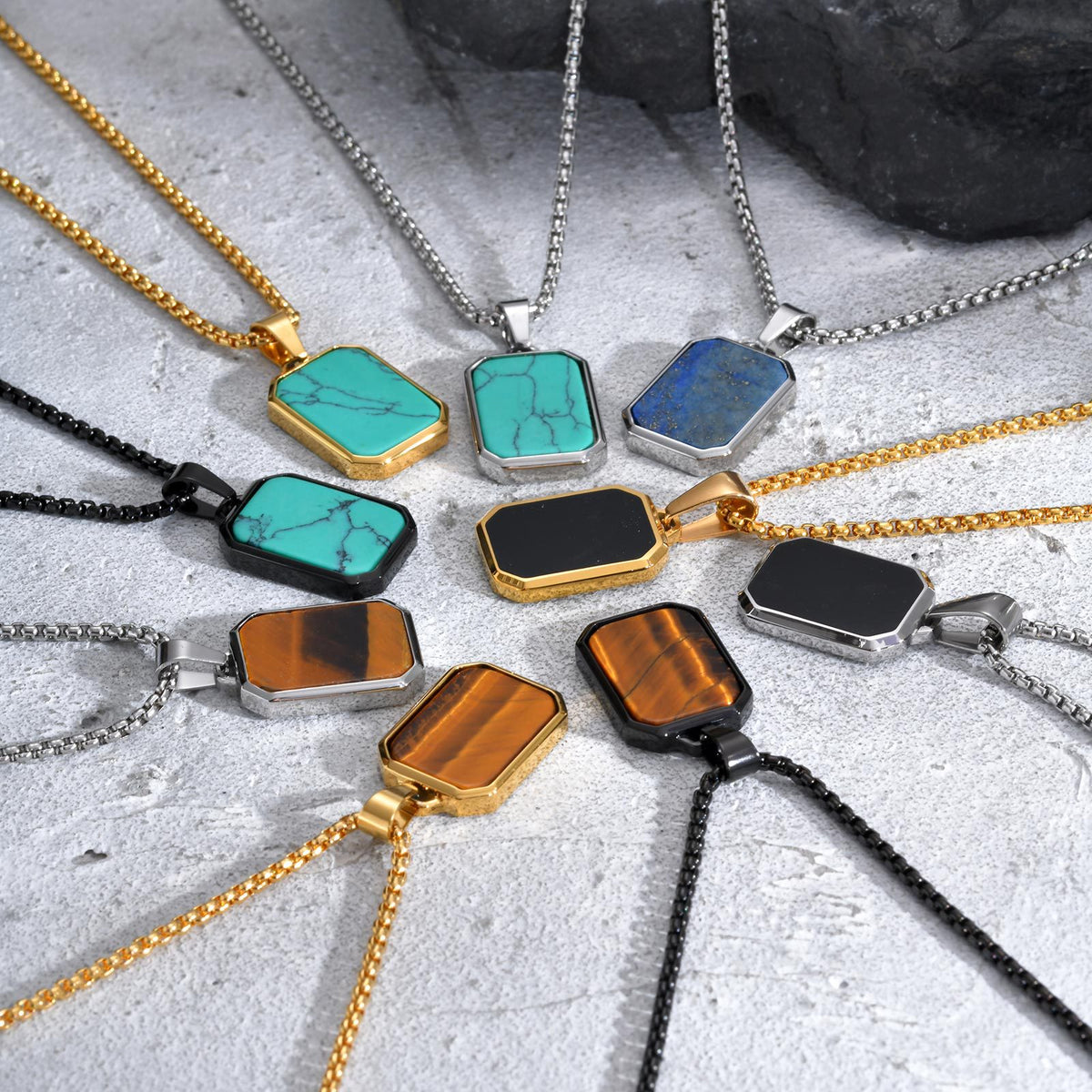 Tiger's Eye Turquoise Lapis Lazuli Geometric Stainless Steel Necklace