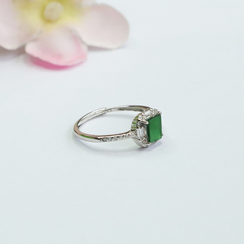 Icy Green Jadeite Square Plaque 925 Silver Ring