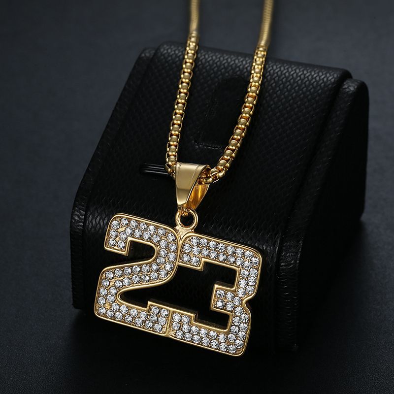 Planderful Hip Hop Necklace For Men And Women Premium Titanium Steel Gold Plated Zircon 23 Digital Basketball Pendant