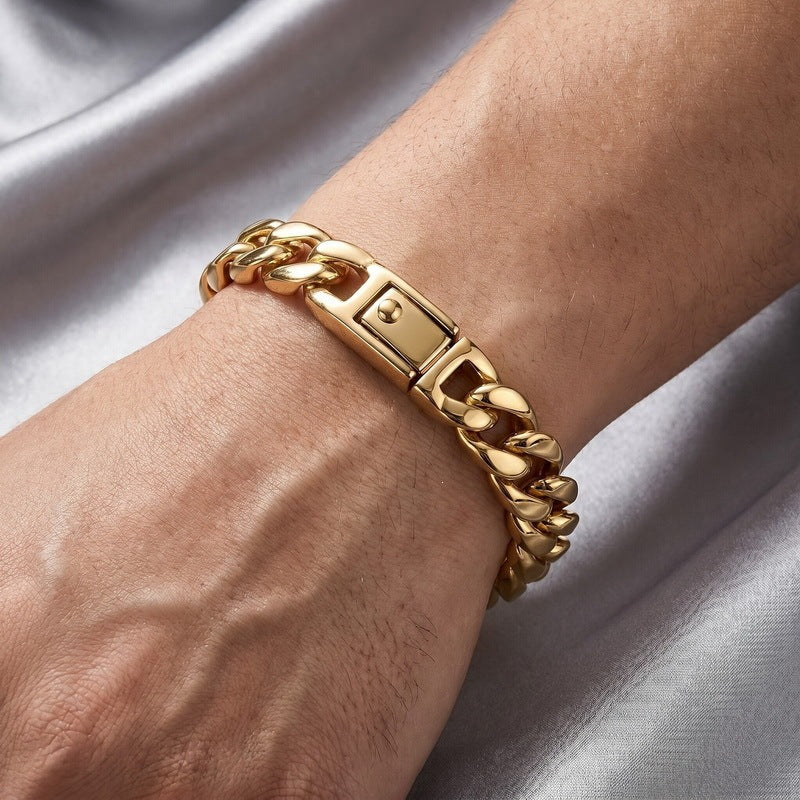 Minimalist Polished Bracelet Glossy Cuban Chain Spring Snap Stainless Steel Men's Bracelet
