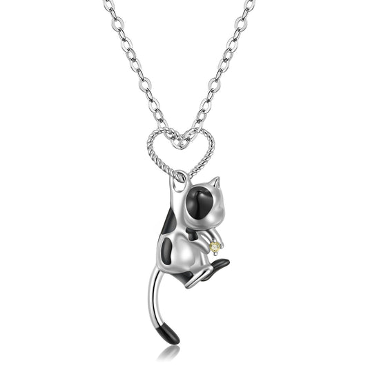 Cow Cat Hook Heart Shape Pendant Silver Necklace