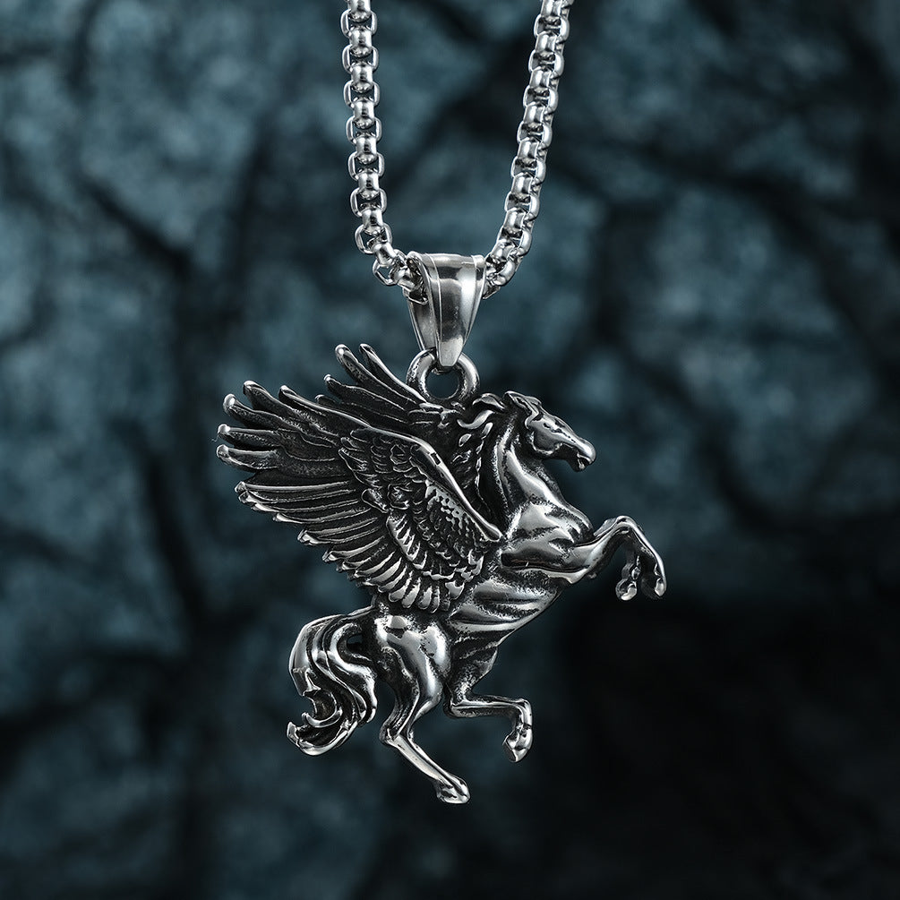 Steel Necklace - Vintage Pegasus Pendant Necklace Inspired By Ancient Greece For Everyday Wear And Modern Style