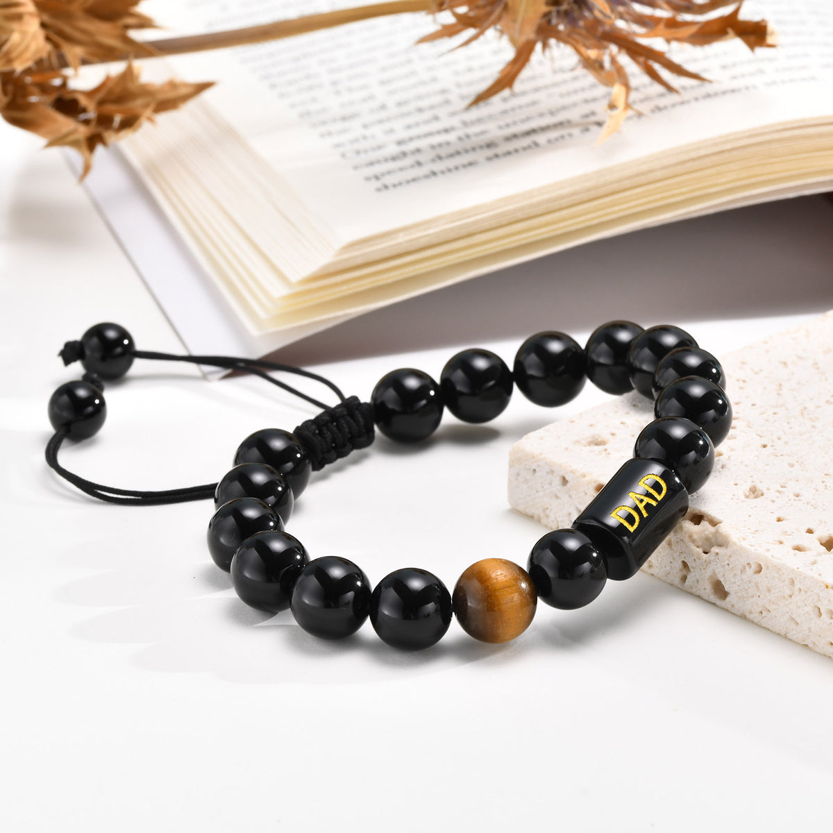 Tiger's Eye Braided Adjustable Black Stainless Steel Bracelet