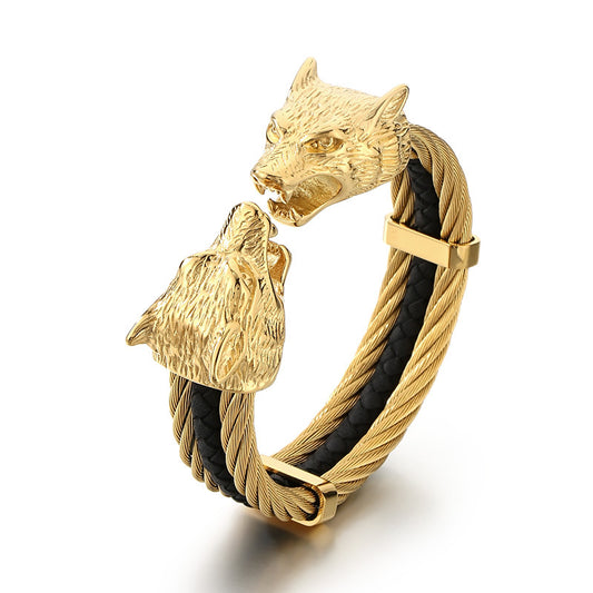 Planderful Mens Skull Wolf Head Steel Leather Bracelet