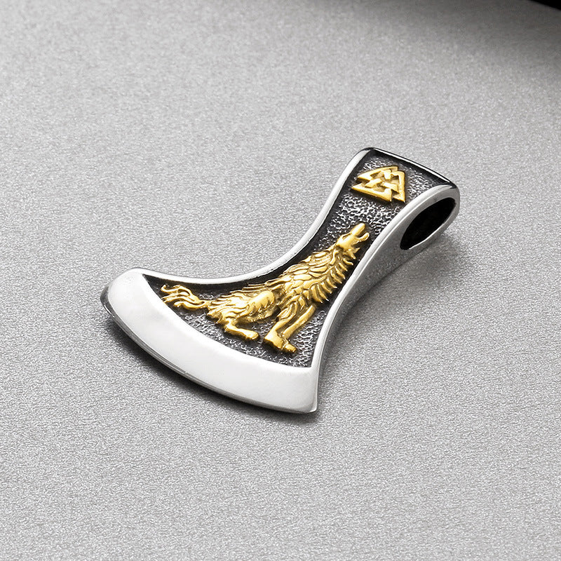 Viking-Inspired Stainless Steel Men's Pendant with Double-Sided Axe and Direwolf Design