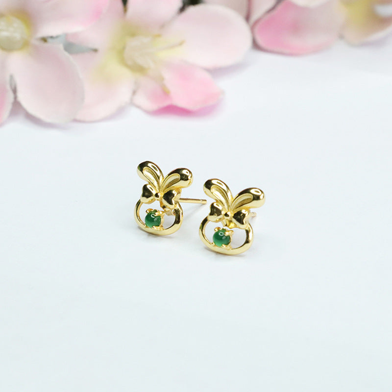 Whimsical Rabbit Bow Earrings with Natural Ice King Green Jade