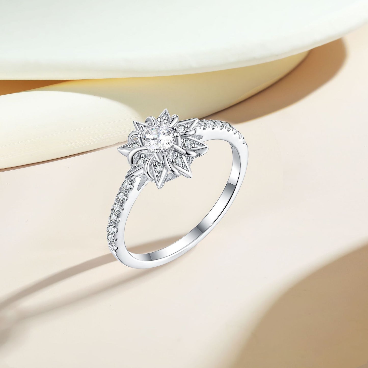 Planderful S925 Sterling Silver Sunflower Ring For Women Zircon Accent Dainty Yet Dazzling