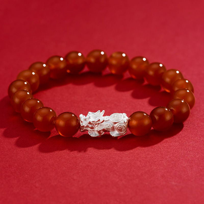 Sterling Silver Pixiu Bracelet with Natural Red Agate - Elegant Gift for Mother