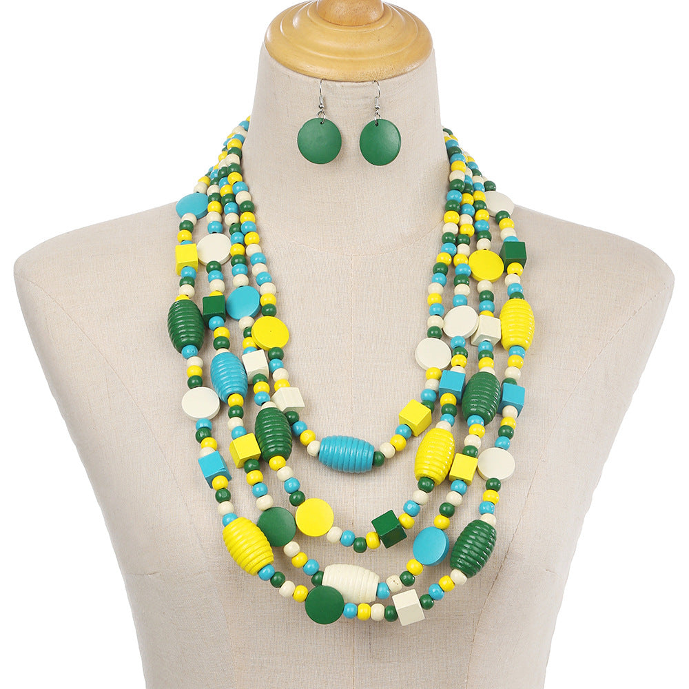 Planderful Savanna Rhythms Necklace and Earrings Set – Vibrant Bohemian Style with Multi-Layer Wood Beads