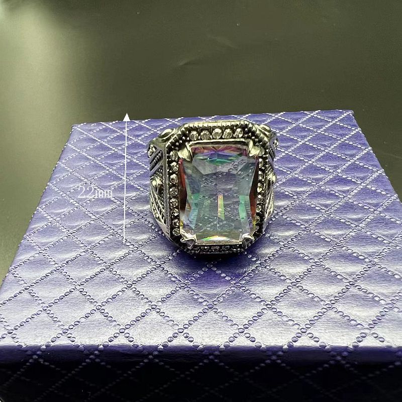 Planderful Titanium Steel Ring For Men Retro Punk Style With Colorful Inlaid Synthetic Gemstones