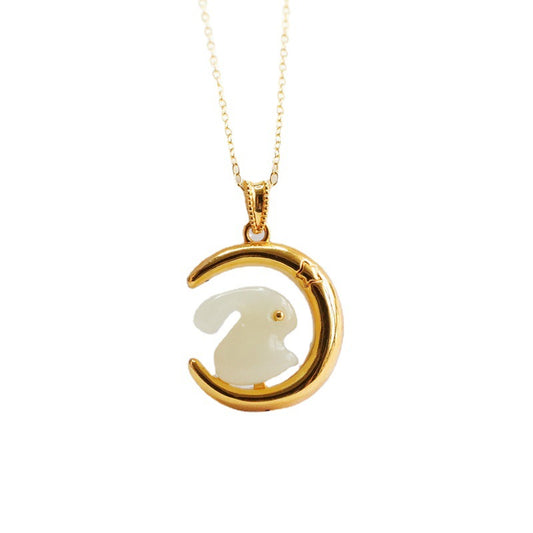 Hetian Jade Rabbit Moon Sterling Silver Necklace