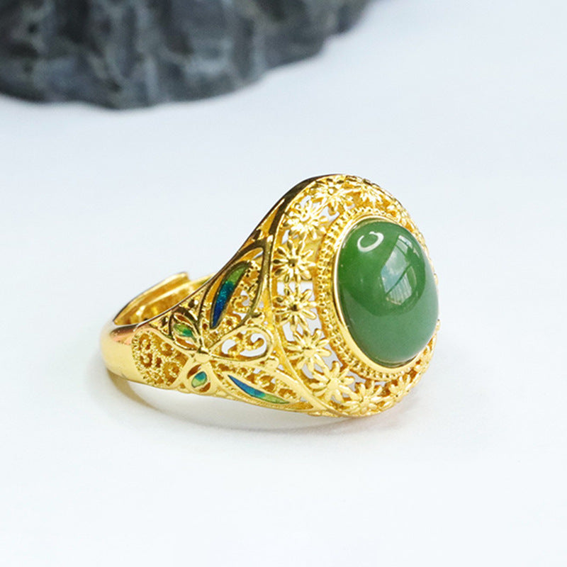 Vintage Hollow Oval Natural Hotan Jade Jasper Ring