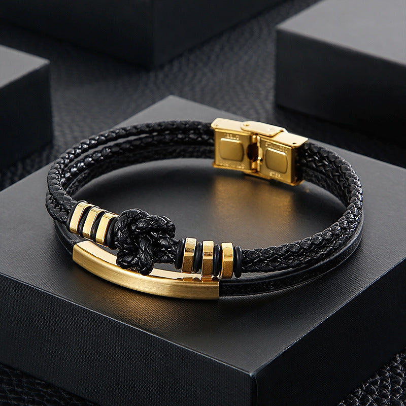 Planderful Handwoven Mens Leather Rope Bracelet Stainless