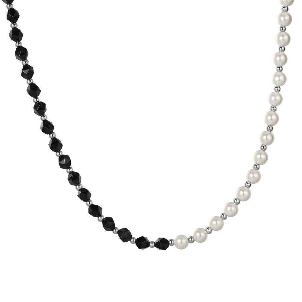 Planderful Durable Titanium Steel Necklace For Men Unisex Black Bead White Pearl Pendant Hip Hop Stage Jewelry