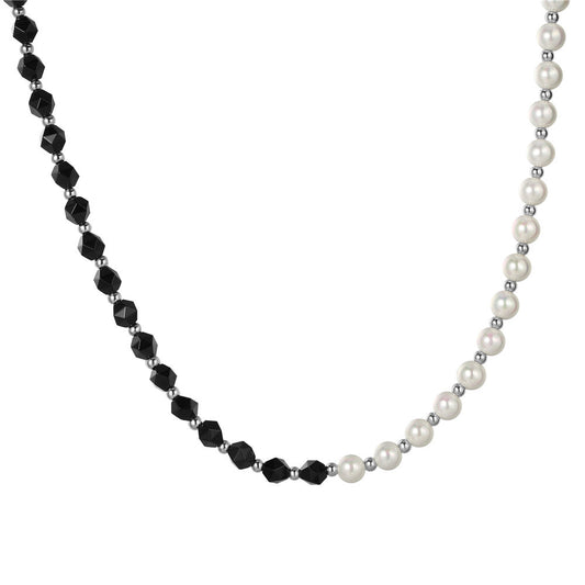 Planderful Durable Titanium Steel Necklace For Men Unisex Black Bead White Pearl Pendant Hip Hop Stage Jewelry