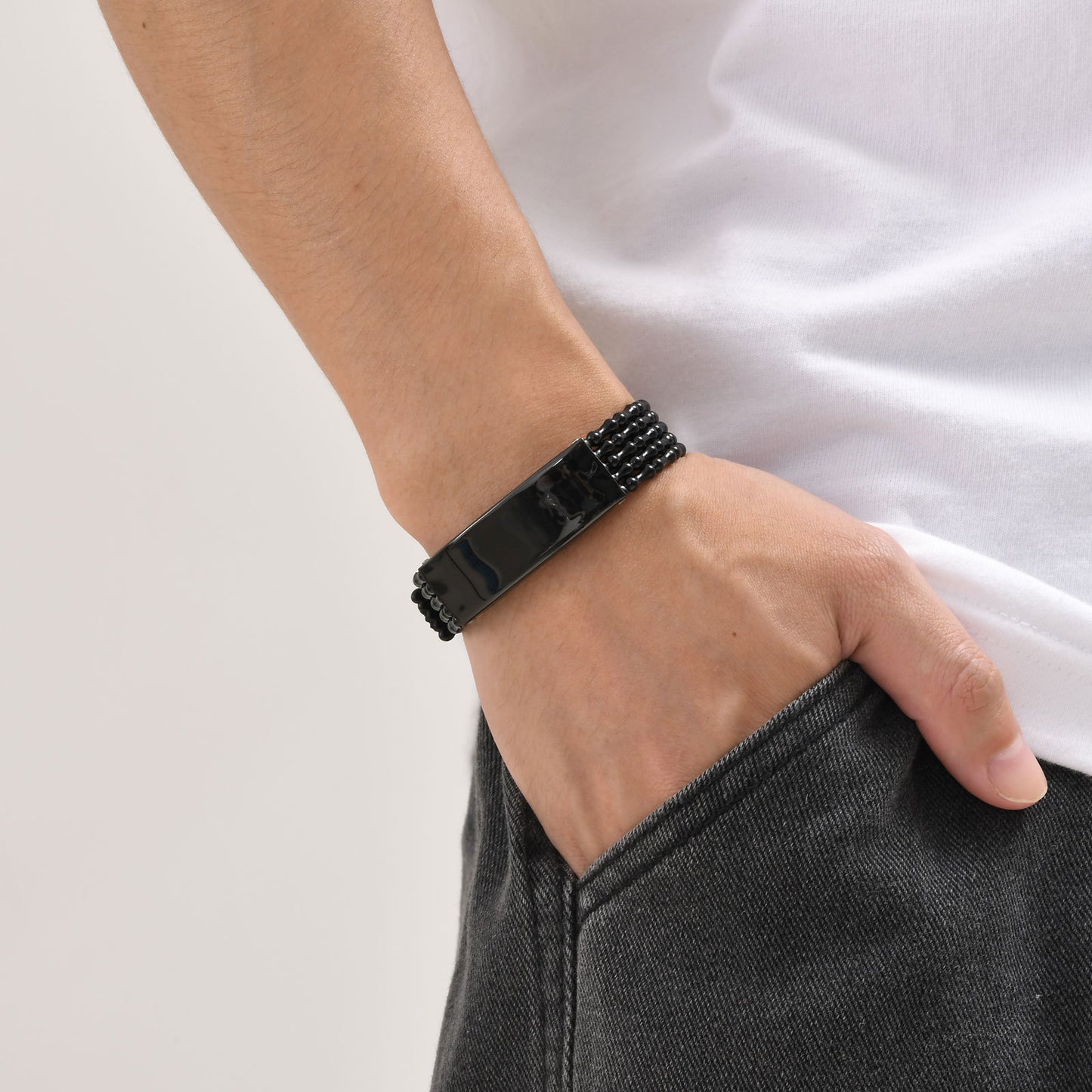 Jewelry Stainless Steel Curved Brand Black PVC Strap Bracelet Universal for Men and Women