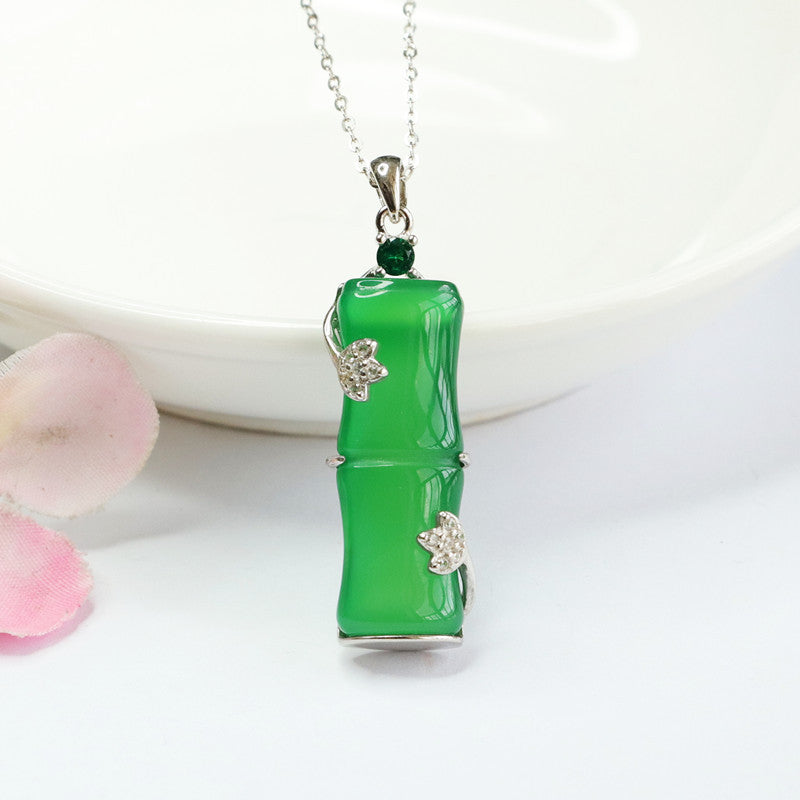 Bamboo Silver Necklace Featuring Natural Green Chalcedony and Zircon Leaf