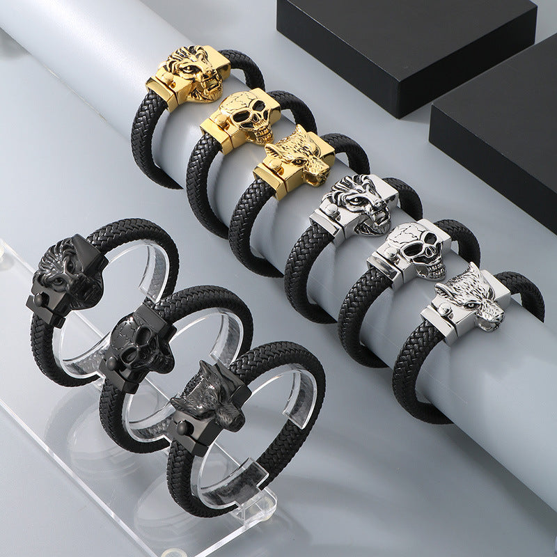 Planderful Wolf Head Leather Bracelet For Men Personalized