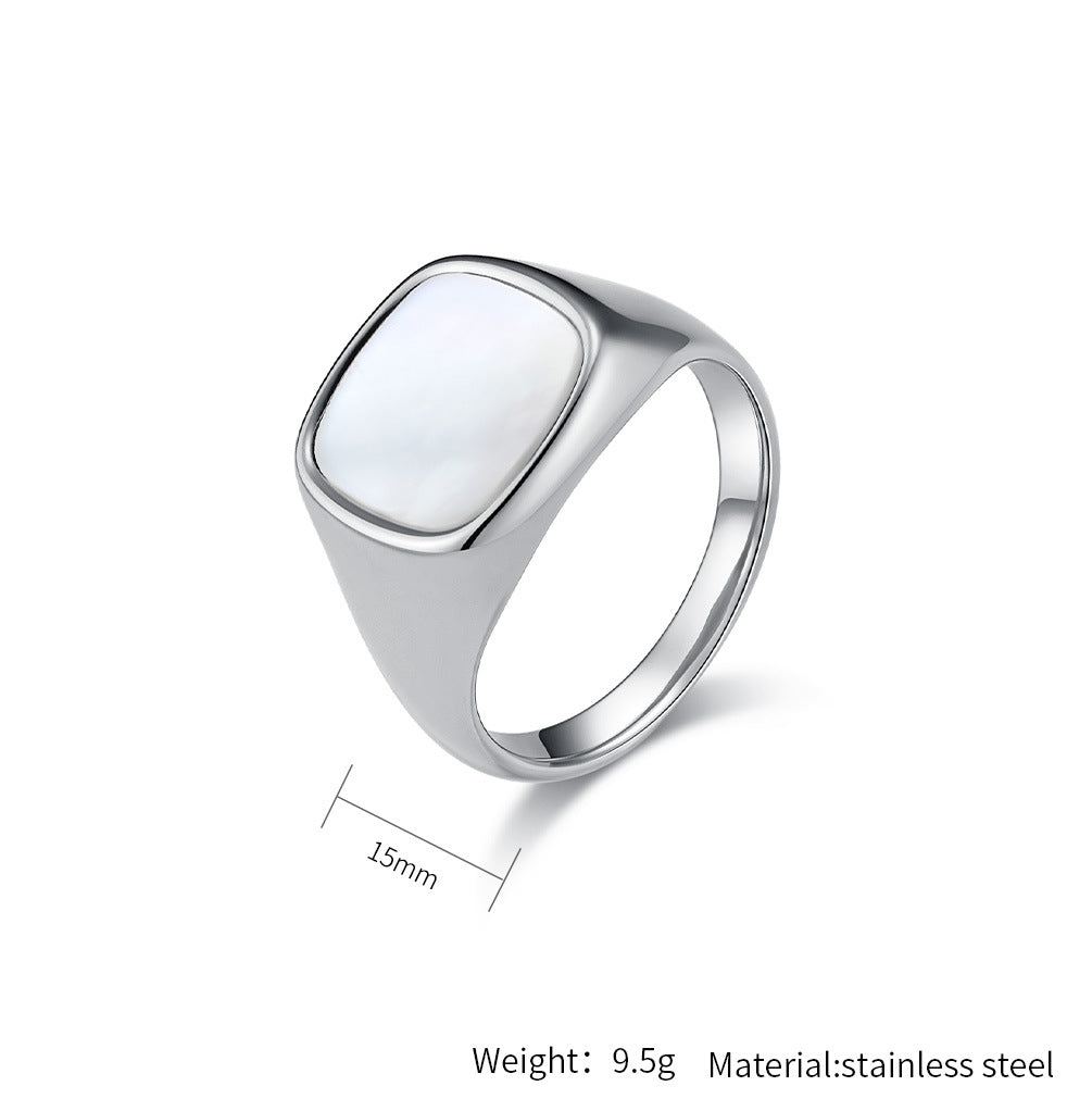 Planderful Titanium Steel Ring Unisex Square Seal With Shell Inlay Light Luxury Fashion Jewelry