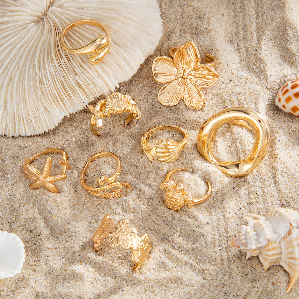 Sea Turtle Open Ring Set With Geometric Starfish Accents By Planderful Vienna Verve For Ocean Lovers