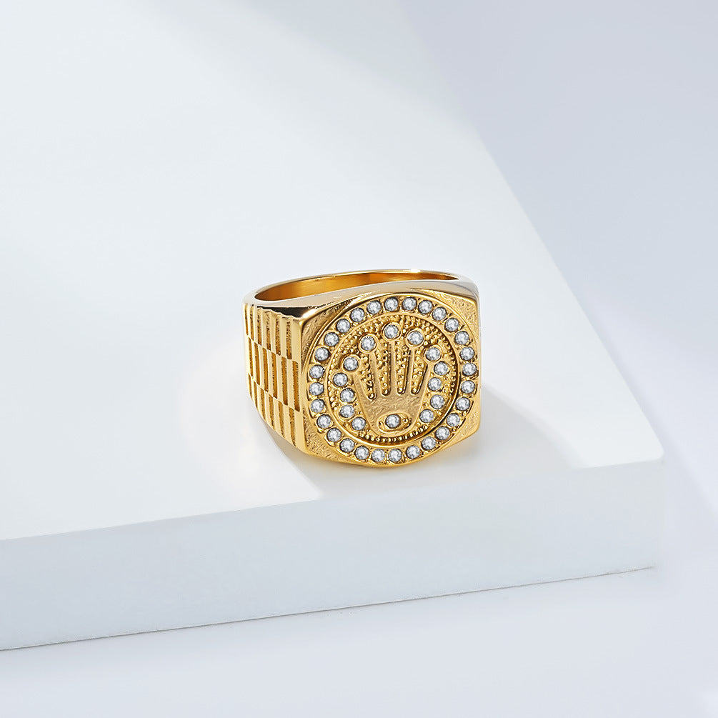 Planderful Titanium Steel Crown Ring For Men Zircon Inlaid Domineering Hip Hop Style