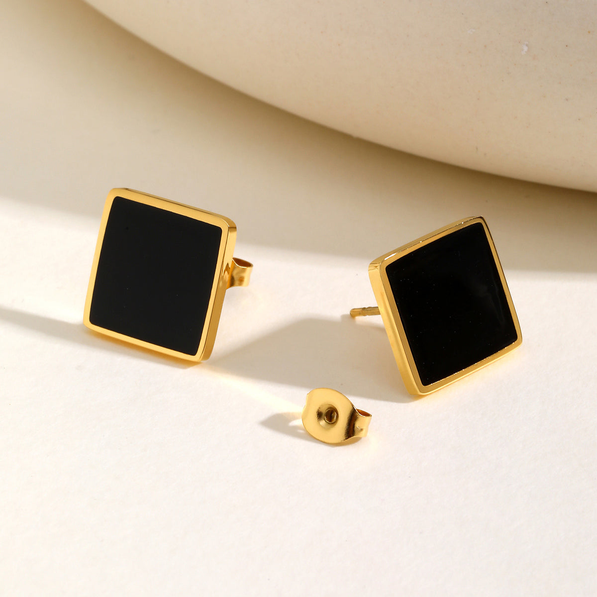 Gold-Tone Black Square Stainless Steel Stud Earrings