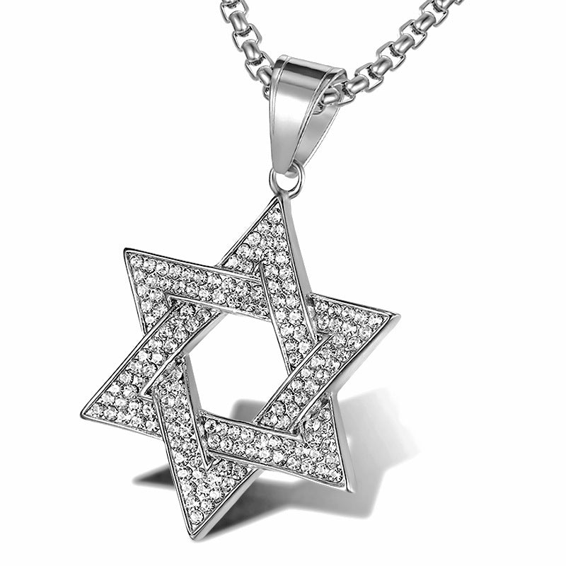 Planderful Iconic Star Of David Hexagram Pendant Necklace Stainless Steel With Zircon Crystals For Hip Hop Jewelry Fans