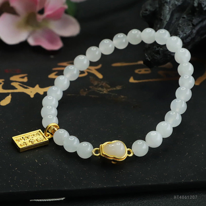 White Hetian Jade Gourd Bead Bracelet