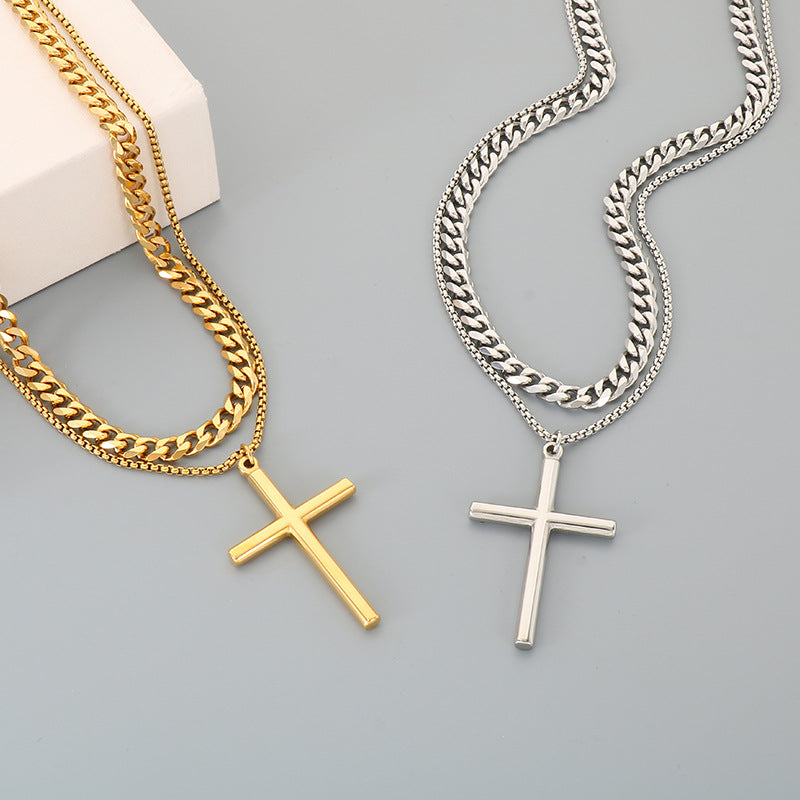 Glossy Cross Pendant Necklace, Six-Sided Grinding Square Pearl Chain Double-Layer Stacked Men's Necklace.