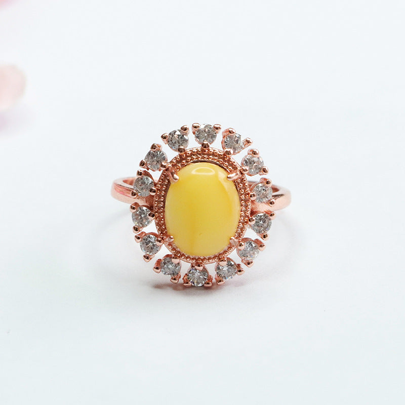 Small Round Zircon Beeswax Amber Halo Ring