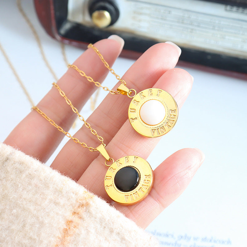 Exquisite White Shell Cat Eye Pendant Necklace with Round English Letter Label - Collarbone Jewelry Accessory