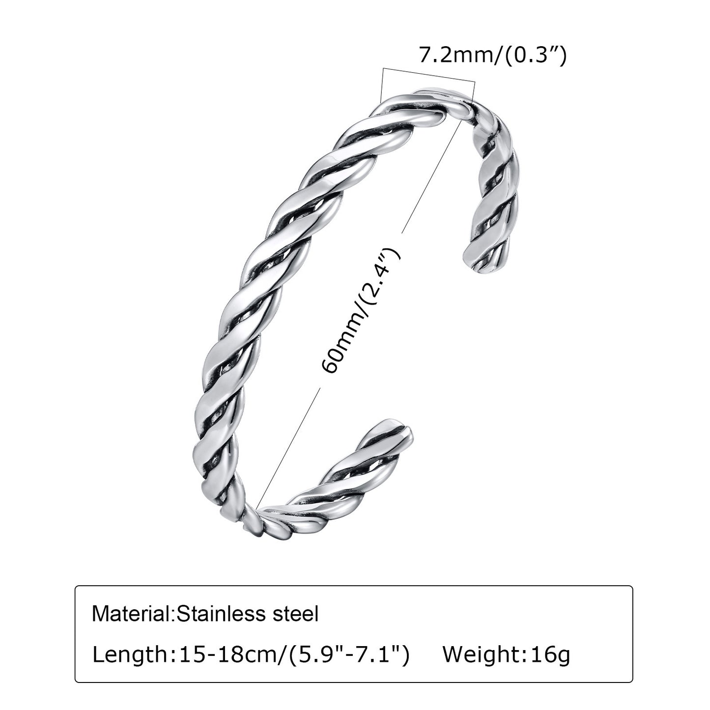 Mens Stainless Steel Open Bracelet Vintage Twist Braided Feather