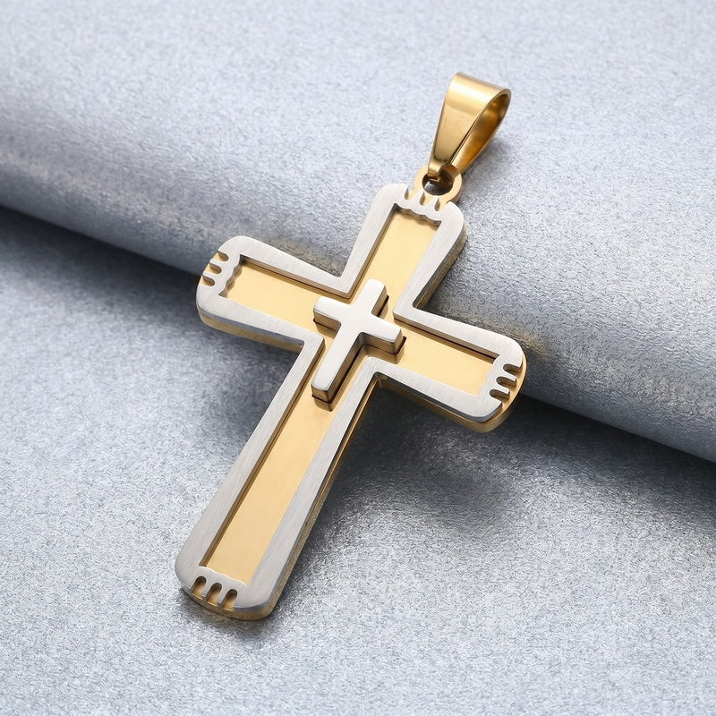 Functional Vacuum Electroplating Mixed Color Double Layer Embedded Small Cross Toothed Stainless Necklace