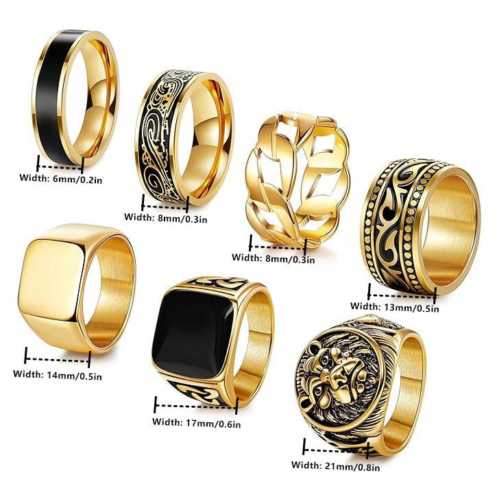 Mens Retro Engraved Lion Head Ring Set by Planderful Everyday Genie Unisex Protection Statement European American Style