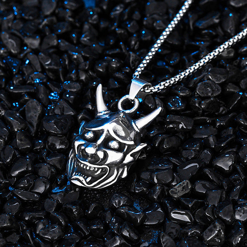 Steel Necklace - Vintage Ghost Samurai Mask Pendant For Men By Planderful Jewelry
