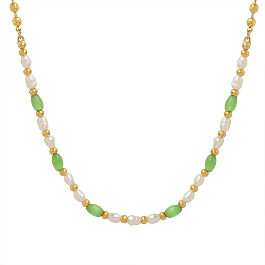 Green Opal and Pearl Beaded Necklace with Titanium Accents - Stylish Accessories for Girls