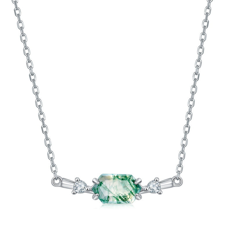 S925 Sterling Silver Moss Agate Geometric Pendant Necklace