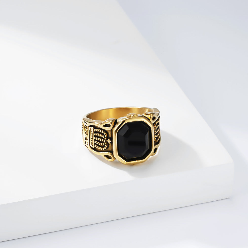 Planderful Titanium Steel Ring Black Stone Crown For Men Bold Statement Retro Street Style High End Jewelry