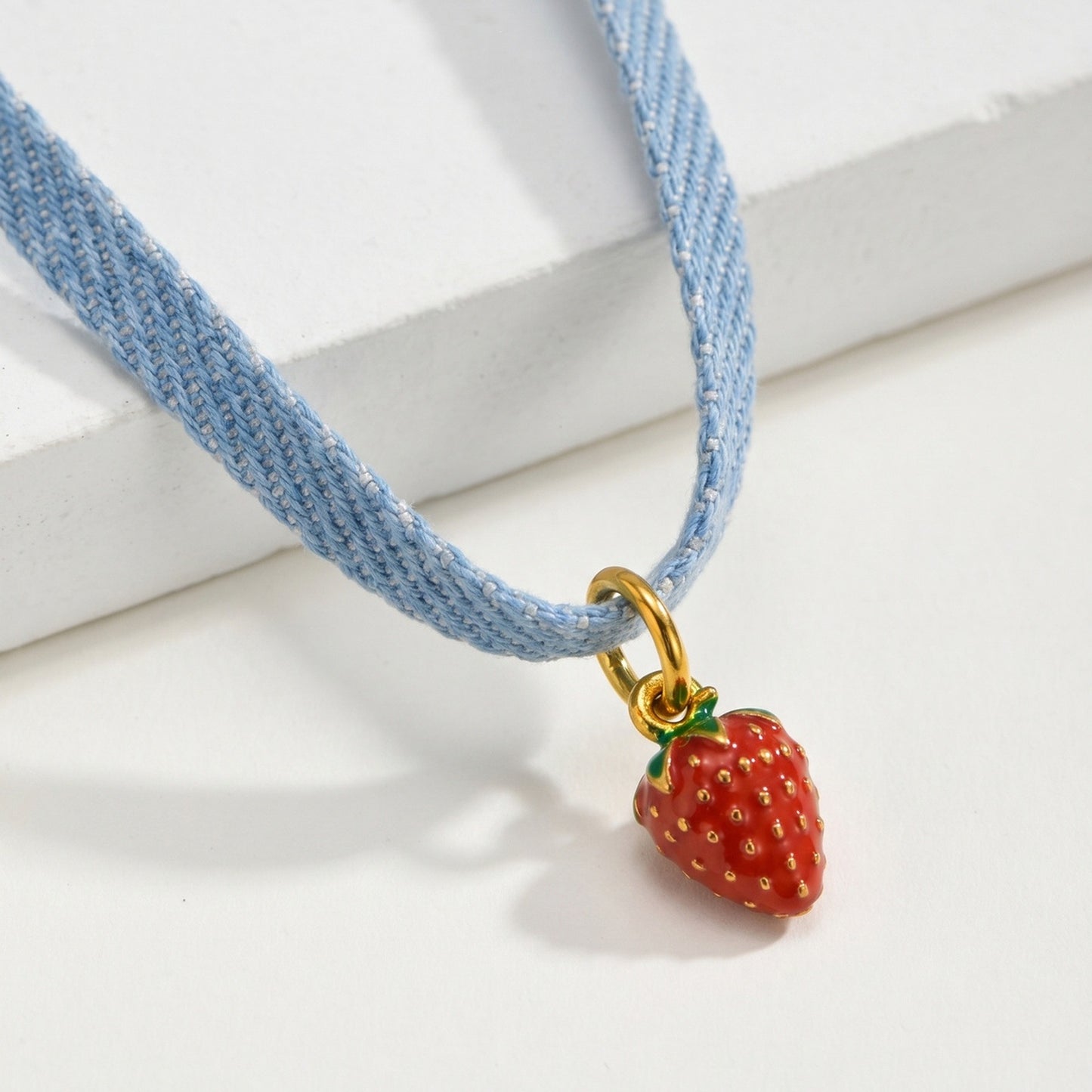 Stainless Steel Denim Rope Strawberry Pendant Sweet Fruit Wind Daily Collar Clavicle Chain Necklace